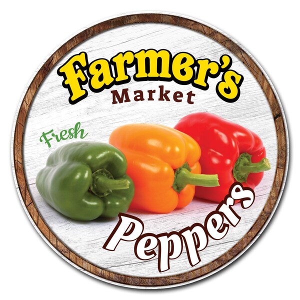 Corrugated Plastic Sign With Stakes 24in Circular-Farmers Market Peppers, C-24-CIR-WS-Peppers
